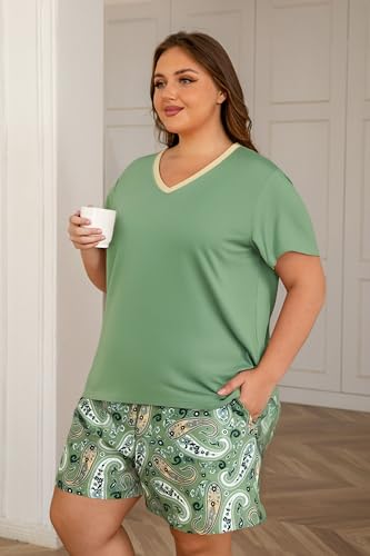 Image of Vozanet Women's Short Sleeve Top and Shorts Pajama Sets Plus Size V Neck Colorful Flower Nighty Loungewear With TWO Pockets