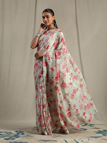 Image of Garden Vareli Summer Roganza Viscose Brasso Floral Print Saree with Unstitched Blouse Piece