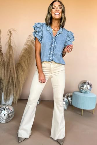 Trendy Button-Up Frayed Denim Top in Beau Blue - Summer Essential2