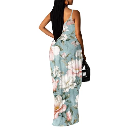 Image of Women's Summer Maxi Dress Spaghetti Strap Floral Boho Beach Long Sundress with Pockets