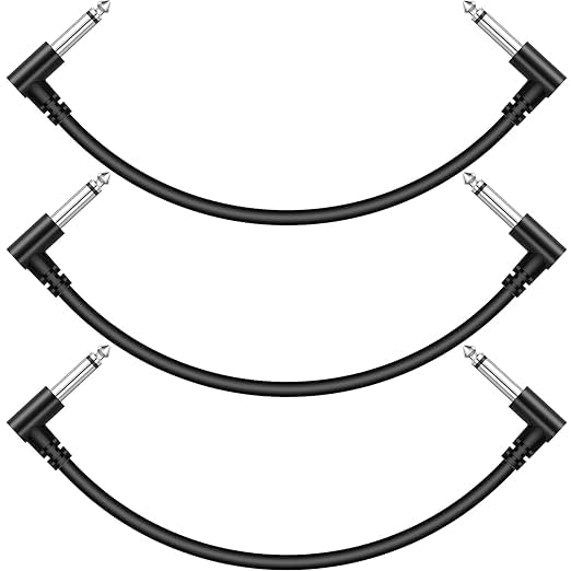 Image of 3 Pack 12 Inch Guitar Patch Cables - Black Pedal Effect Cord, 1 /4 inch TS Right Angle (3 Pack)
