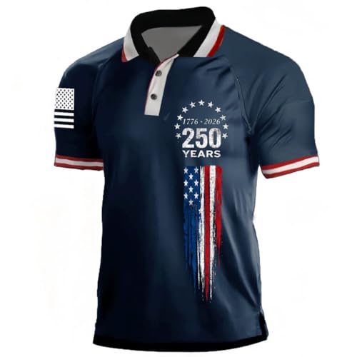KUFORES American Flag Shirts Men 250th Anniversary 1776-2026 Patriotic Polo Shirt Distressed USA Flag Graphic Tee Mens Fashion Casual Polo for Memorial Day Veterans Day Navy XL