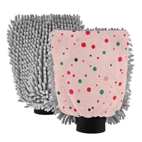 Kigai Cute Colored Dots Car Wash Mitt Microfiber, 2Pcs Scratch Free Lint-Free, Premium Chenille Microfiber Mitt Car Wash Brush-M