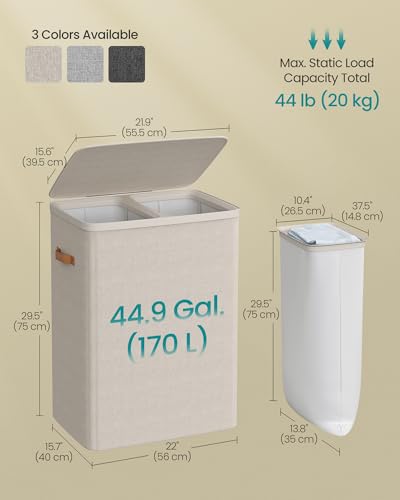 SONGMICS Laundry Basket, 44.9 Gal. Laundry Hamper, 2 Compartments, Easy Assembly, with Lid and Handles, Removable Liners, 22 x 15.7 x 29.5 Inches, Cappuccino Beige ULCB813L01