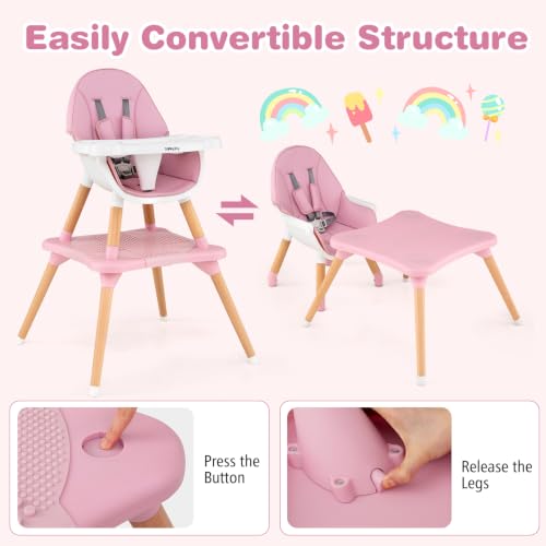 Image of BABY JOY 6 in 1 High Chair, Convertible High Chairs for Babies and Toddlers /Booster Seat /Table and Chair Set, Infant Wooden Highchair w / 5-Point Harness, 4-Position Removable Tray & PU Cushion (Pink)