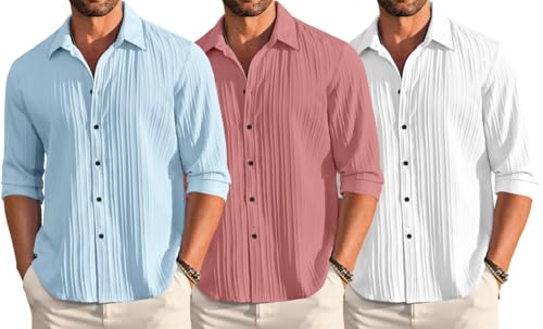 Image of FINIVO FASHION Combo of Men's Casual Cotton Plain Button Down Shirt Long Sleeve Textured Summer Beach Shirt for Men Pack of 3