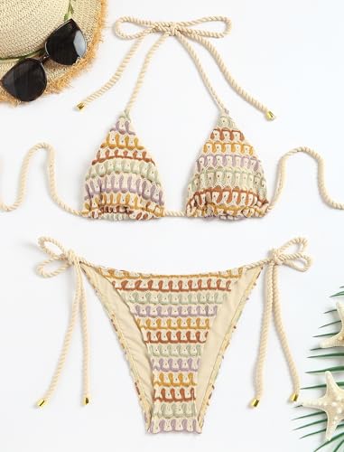 Image of ZAFUL 2 Piece Triangle Bikini for Women Knitted Rope Halter Bikini Sets Sexy Bathing Suit Side Tie Swimsuits Beachwear