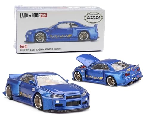 Diecast Model Car Compatible with Kaido House x Mini GT 1:64 Nissan Skyline GT-R (R34) Kaido Works (V2 Aero) Shinjuku V2 Blue Limited Edition KHMG158