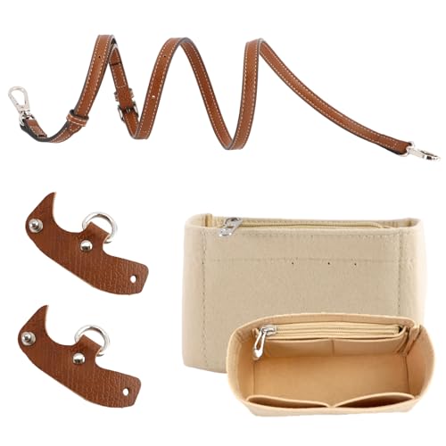 Organiseur de poches pour Sac Longchamp, Mini organiseurs de Sac à Main, Perçage Bandoulière Réglable avec Sac Insert en Feutre Beige 3 Compartiments et Accessoires PU Marron