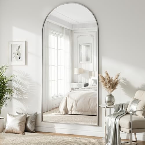 Image of Oversized Full Body Mirror 30x71 inch Arched Full Length Mirror with Stand Aluminum Wall Mounted Hanging or Leaning Standing Mirrors,Silver