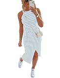 NOLLSOM Women Casual Sleeveless Striped Tank Midi Dresses Halter Neck Ruched Bodycon...