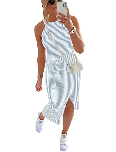 NOLLSOM Women Casual Sleeveless Striped Tank Midi Dresses Halter Neck Ruched Bodycon Dresses Tie Waist T Shirt Summer Dress