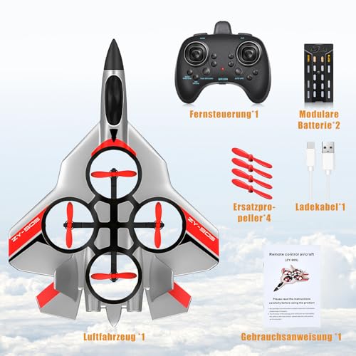 JONRRYIN RC Flugzeug für Kinder, 2,4 GHz Ferngesteuertes Flugzeugmodell mit LED, RC Flugzeug mit 4 Achsen Gyro Stabilisator für Kinder und Anfänger (Silber)