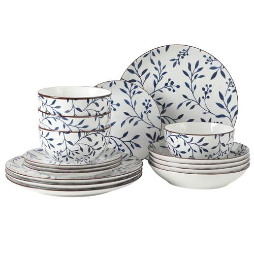 Gibson Home Palace Suite 16-Piece Dinnerware Set, Blue Floral Stoneware Plates & Bowls, Service for 4, Round Durable Everyday Dish Set by Gibson Home - Used condition - US$51.41