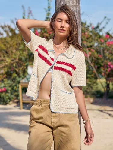 Image of Yousify Womens Casual Summer Short Sleeve Sweaters Button Down Crochet Knit Tops 2026 Loose Cute Cardigan Sweater