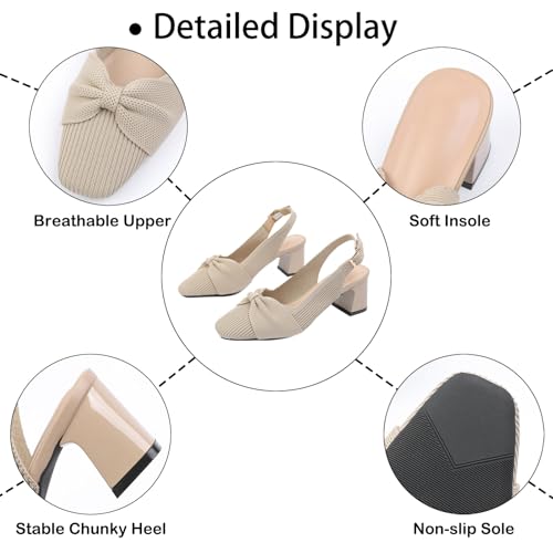 Women's Knitted Bow Breathable Slingback Low Block Heel Pumps Fashion Closed Square Toe Adjustable Ankle Buckle Slip-On Dress Chunky Heel Sandals for Work Wedding Office3
