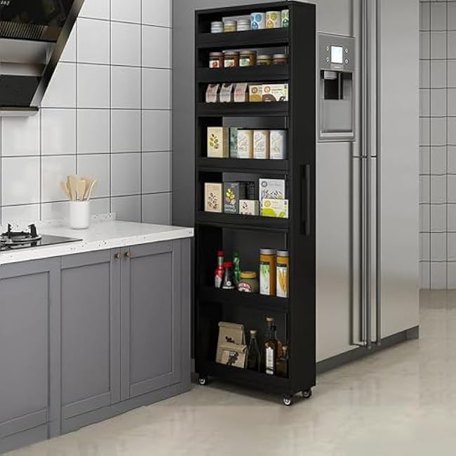 Wood Slim Storage Cart,Rolling Spice Rack Next to Fridge Slim,Rolling Cart for Kitchen Dining Room Black 5.9¡Á17.7¡Á72.4in-dYpIHDAC