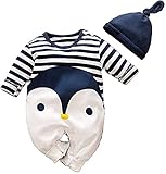 EISHOW 0-18M Baby Boys Girls Romper Cotton Jumpsuit Clothes Cute Penguin Stripe Cartoon Pajamas Bodysuit with Hat Outfits