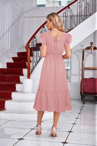Image of GRACE KARIN 2026 Womens Summer Dresses V Neck Ruffle Sleeve Floral Boho Beach A-Line Dress Light Pink-Plain X-Large