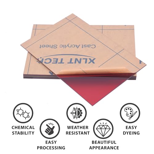 Image of 6 PCS Red Transparent Cast Acrylic Sheets 8 inch x 12 inch x 0.118 inch, Plexiglass Plastic Sheet for Laser Cutting, Engraving Signs, DIY Projects.