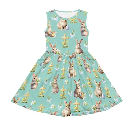 Girls Easter Eggs Hunt Bunny Printed Sleeveless Swing Casual A-Line Dress 3-14T2