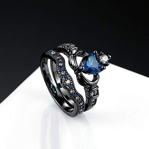 2in1 Retro Black Halo Created Blue Sapphire Cubic Zirconia Wedding Engagement Eternity Heart Hand Rings Set Women's Band Vintage for Bridal Mom Lover4