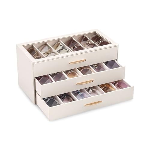 Lolalet Sunglasses Organizer Case for Women, Eyeglass Storage Holder Display Box with Clear Top Lid 18 Slots 3 Layers Cream