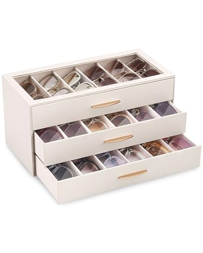 Lolalet 18 Slots Sunglasses Organizer Case for Women 3-Layer Eyeglass Storage Holder Display Box with Clear Top Lid Mothers Day Gifts -Cream