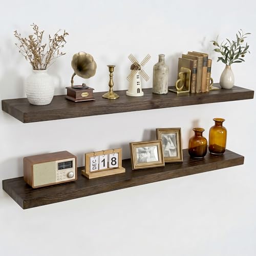 Image of Dreamland 40 Inch Long Floating Shelves Set of 2, Rustic Solid Elm Wood Floating Shelf Wall Mounted, 8 Inch Deep Wooden Wall Shelves for Living Room, Bedroom, Bathroom, Kitchen, Walnut
