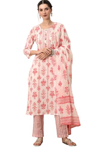 Image of Amazon Brand - Tavasya Women Cotton Anarkali Kurta Pant Dupatta Set | Printed Ethnic Suit Set | Flared Anarkali Kurta with Pant & Dupatta | Festive & Casual Wear