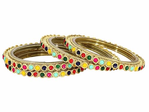 Image of NMII Glass Golden Zircon Gemstone & Colorful Beads Studded Bangles Kada Set For Women & Girls | Traditional Stylish Kangan | Bangles For Women Glass | Wedding, Party, Occasion Wear Bangle- Set of 4