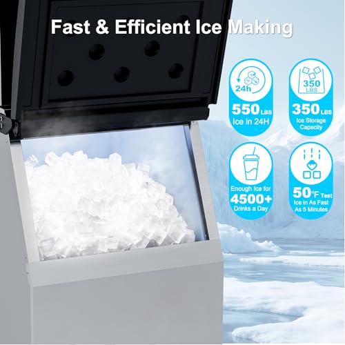 Image of COTLIN Commercial Ice Maker, 550LBS /24H with 350LBS Storage, Commercial Ice Machine with Self-Cleaning, Ice Ready in 5-15 Min, Timing Function, Ice Thickness Adjustment, Stainless Steel, ETL Approval