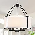 18" Black Farmhouse Chandeliers for Dining Room 5-Light Drum Pendant Lights Kitchen Island with White Fabric Shade Height Adjustable Modern Farmhouse Chandelier Light Fixture for Bedroom Foyer Hallway