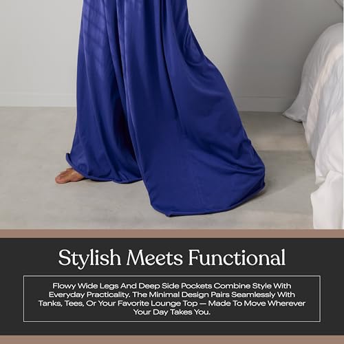 Image of Lunya Organic Pima Wide Leg Cotton Pants for Women - Organic Cotton Palazzo Pants - High Rise Wide Waistband - Raw Hem for Customization - Relaxed Lounge Wear - Small - Royal Lagoon