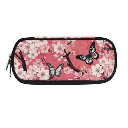 Image of Black Gray Butterflies Peach Blossom Pen Case Pouch, Large Capacity Pencil Pouch Pen Cases School Office Supplies Holder Box for Purse Fountain Pens