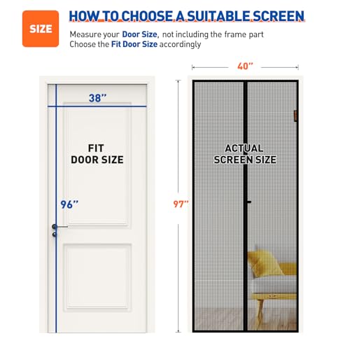 Image of MAGZO Screen Door Magnets 38 x 96, Durable Fiberglass Entry Door Mesh with Full Frame Hook&Loop Fits Door Size up to 38 inchx96 inch Max-Black | 40 inch x 97 inch Door Screen Magnetic Closure Heavy Duty & Windproof Fastener, Pet Friendly Entry Magnet Screen Door