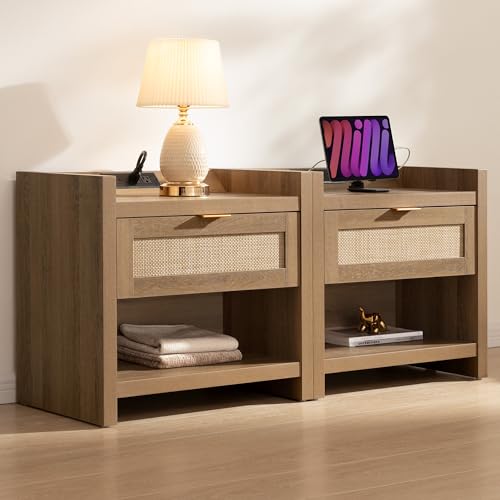 Image of SICOTAS Night Stand Set of 2 Nightstands - Rattan Bed Side Table with Drawer Storage,Type-C Charging Station End Table - Boho Bedside Night Stands for Bedroom - Natural Oak