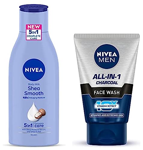 Image of Nivea Body Lotion For Dry Skin, Shea Smooth, With Shea Butter, & Women, 120 ml & Nivea Men Face Wash, All In 1 Charcoal, To Detoxify & Refresh Skin With 10X Vitamin C Effect, 50 G