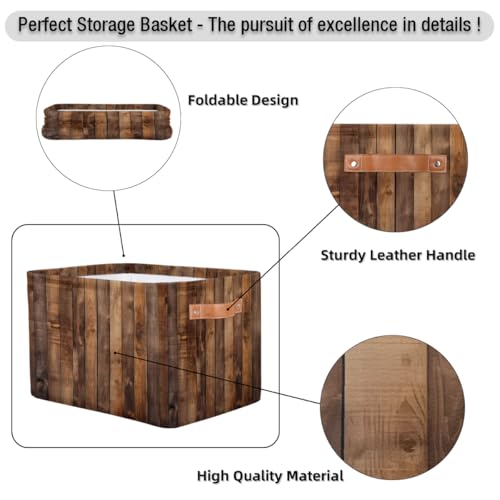Image of Rustic Wooden Board Storage Baskets for Organizing, Fabric Collapsible Storage Bins Box Retro Decorative Toy Organizer Baskets for Closet Shelves Gift Basket 1 Pc