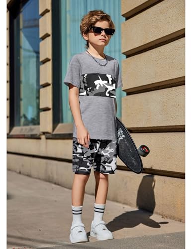 Image of Arshiner Boys' 2-Piece Cotton Outfit Color Block T-Shirt and Shorts Set Summer Camo Clothes for Kids 5-14 Years