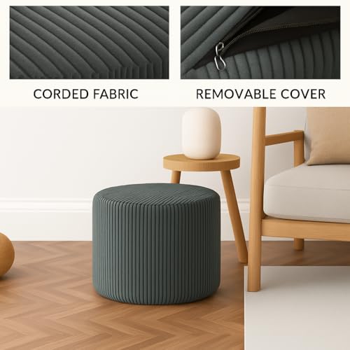 KKdema Round Pouf Ottoman and Foot Rest, Soft Corduroy Poufs with Sponge Chunk Filling, Comfort Sponge Stuffed Poofs for Couch Desk Resting Your Feet, Grey(17.1\" D x 17.1\" W x 14\" H)