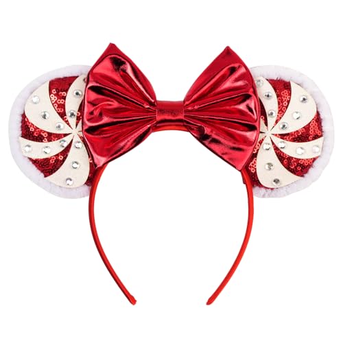 bianbaistar Christmas Peppermint Mouse Ears Headband - Red Sequin Peppermint Swirl with Shiny Red Bow | Holiday Sparkle Hair Accessory for Christmas Party & Family Gathering