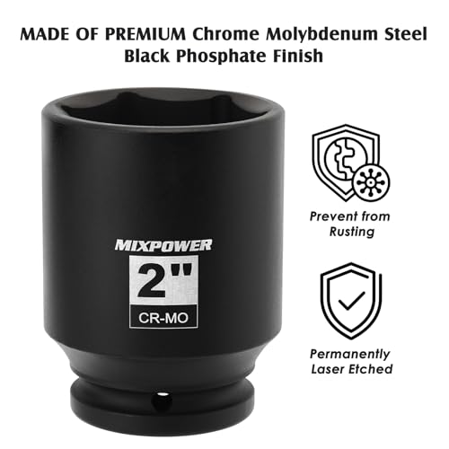 Image of MIXPOWER 3 /4 inch Drive Deep Impact Socket, CR-MO, 2 inch, SAE, 6 Point, Axle Nut Impact Grade Socket for Easy Removal