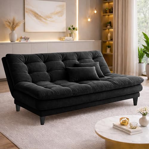 Image of Modern 3 Seater Sofa Cum Bed | Tufted Backrest | Velevt Fabric Upholstery | Living Room Furniture-Black