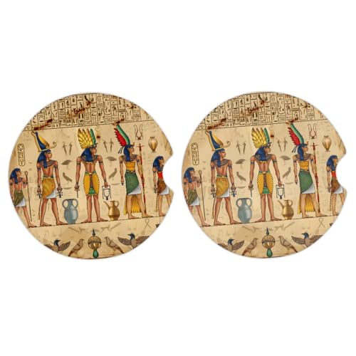 Ginfult Posavasos de coche con patrón de elementos antiguos de Egipto, paquete de 2, posavasos de cerámica absorbente para bebidas con base de...