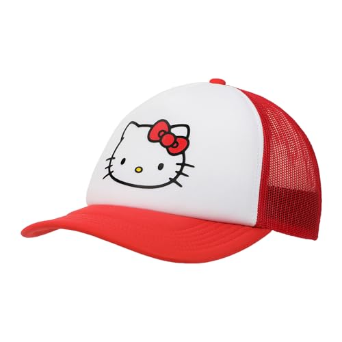 Gorra de camionero roja y blanca con cara de personaje de Hello Kitty