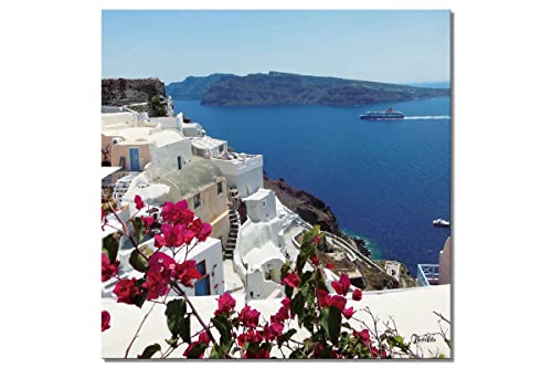 Glücksvilla / Santorini mi perla 26 / Cuadro mural/imagen de pared XXL/Grecia Cícladas mar egeo vista, bahía, casa, techo, buganvillas, flores (60 x 60 cm, lienzo con marco 2 cm)