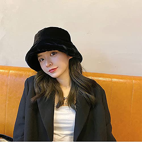 Winter Faux Fur Furry Black Bucket Hat Fluffy Fuzzy Warm Hat Plush Fisherman Hat For Women Teens Girls #TOP2