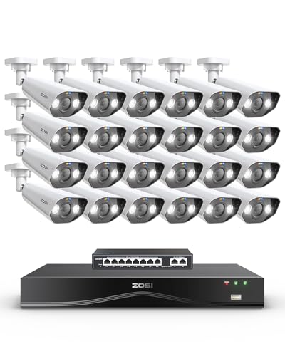 ZOSI 4K 24pcs Kit Cámaras de Vigilancia PoE con 8 Puertos Gigabit PoE Switch, 16CH Grabador NVR Sistema Ampliable a 32CH, Alarma de Persona/Vehículo, Visión Nocturna Color, 4TB HDD Incluido
