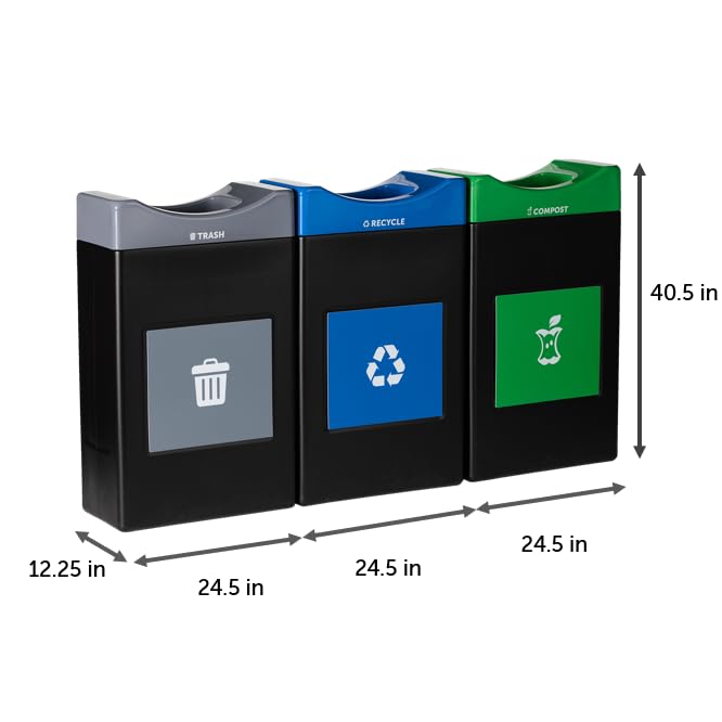 Image of Avante Series Made in The USA, Black Triple-Stream,Trash, Recycling and Compost Center, 3-30-gallon Shallow Units, Open Top, Liners Included